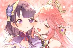 Rule 34 | 2girls, ^ ^, animal ears, blush, closed eyes, closed mouth, detached sleeves, earrings, flower, genshin impact, hair between eyes, hair flower, hair ornament, highres, japanese clothes, jewelry, kimono, long hair, looking at another, mole, mole under eye, multiple girls, neck ribbon, open mouth, pink background, pink hair, pink theme, portrait, purple eyes, purple flower, purple hair, purple kimono, raiden shogun, red ribbon, ribbon, smile, yae miko, yuru kokko