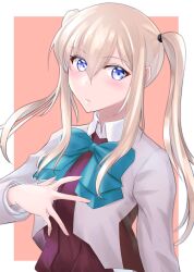 Rule 34 | 1girl, aqua bow, aqua bowtie, blazer, blonde hair, blue eyes, bow, bowtie, commentary request, cosplay, dress, graf zeppelin (kancolle), grey jacket, hair between eyes, halter dress, halterneck, hand on own chest, highres, jacket, kantai collection, purple dress, sidelocks, solo, tsukasa (tukasa br), twintails, two-tone background, upper body, yuugumo (kancolle), yuugumo (kancolle) (cosplay), yuugumo kai ni (kancolle), yuugumo kai ni (kancolle) (cosplay)
