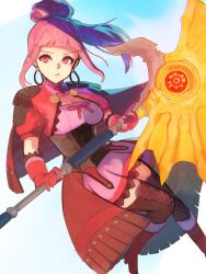 Rule 34 | 1girl, aoisu ao, axe, breasts, cape, cleavage, closed mouth, commentary, crests (fire emblem), dress, earrings, female focus, fire emblem, fire emblem: three houses, fire emblem warriors: three hopes, gloves, hair bun, highres, hilda valentine goneril, holding, holding axe, holding weapon, hoop earrings, jewelry, long hair, looking at viewer, matching hair/eyes, medium breasts, nintendo, official alternate costume, official alternate hairstyle, pink dress, pink eyes, pink gloves, pink hair, pout, red cape, sidelocks, solo, weapon