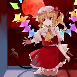 Rule 34 | 1girl, blonde hair, bow, buttons, collar, commentary request, crystal, flandre scarlet, frilled collar, frills, hat, kaigen 1025, kneeling, laevatein, light smile, mob cap, moon, one side up, puffy short sleeves, puffy sleeves, red bow, red eyes, red moon, red skirt, red vest, short hair, short sleeves, side ponytail, skirt, socks, solo, touhou, vest, waist bow, wavy hair, wings, zun (style)