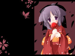 Rule 34 | 1girl, animal ears, blush, bug, butterfly, candy apple, cat ears, child, copyright request, eating, eyebrows, flower, food, highres, insect, japanese clothes, natsume eri, purple eyes, purple hair, solo, wallpaper, wings