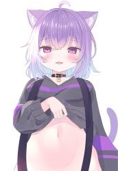 Rule 34 | 1girl, ahoge, animal ear fluff, animal ears, black collar, black hoodie, breasts, cat ears, cat girl, cat tail, clothes lift, collar, colored inner hair, fang, highres, hololive, hood, hood down, hoodie, hoodie lift, kou (10 no cut), lifting own clothes, looking at viewer, medium breasts, multicolored hair, navel, nekomata okayu, nekomata okayu (1st costume), open mouth, purple eyes, purple hair, skin fang, smile, solo, tail, virtual youtuber