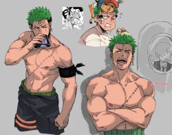 Rule 34 | 1boy, abs, armband, bara, black armband, black pants, closed eyes, crossed arms, derivative work, green hair, highres, holding, large pectorals, male focus, muscular, muscular male, navel, nipples, one eye closed, one piece, open mouth, pants, pectorals, roronoa zoro, sanji (one piece), scar, scar across eye, scar on chest, scar on face, screencap redraw, shirt, short hair, teeth, tirtyturtle, tony tony chopper, twitter username, white shirt