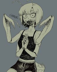 Rule 34 | 1girl, abdomen tail, antennae, arthropod limbs, artist name, black camisole, blood, blood on face, camisole, carapace, claws, commentary, extra arms, eyebrow piercing, grey background, hands up, highres, looking at viewer, mandibles, mantis-chan (sparrowl), monochrome, monster girl, open mouth, original, own hands clasped, own hands together, piercing, sharp teeth, short hair, shorts, simple background, solo, sparrowl, symbol-only commentary, teeth, upper body