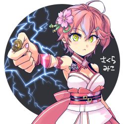 Rule 34 | 1girl, action, ahoge, aiming, aiming at viewer, armband, armpits, attack, bare shoulders, belt, belt buckle, breasts, buckle, cherry blossom print, cherry blossoms, cleavage, cleavage cutout, closed mouth, clothing cutout, coin, detached sleeves, electricity, electrokinesis, fantasy, floral print, flower, green eyes, hair ornament, hairclip, highres, holding, holding coin, hololive, incoming attack, medium breasts, medium hair, misaka mikoto, nail polish, nontraditional miko, outstretched arm, parody, pink hair, pink nails, psychic, railgun, sakura miko, sakura miko (old design), science fiction, side ponytail, simple background, solo, toaru kagaku no railgun, toaru majutsu no index, virtual youtuber, yoshikoro