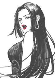 Rule 34 | 1girl, bare shoulders, boa hancock, breasts, dress, earrings, eyelashes, female focus, jewelry, kdash, lips, long hair, looking at viewer, medium breasts, one piece, open mouth, red lips, sketch, snake earrings, solo, teeth, very long hair