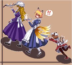 Rule 34 | !, 3girls, alternate costume, animal ears, apron, black footwear, black legwear, blonde hair, blue dress, brown background, brown hair, cat ears, chen, closed eyes, commentary request, dress, egg (food), enmaided, food, fox ears, fox tail, full body, gap (touhou), hat, holding, holding tray, juliet sleeves, long hair, long sleeves, looking back, maid, mary janes, mob cap, multiple girls, multiple tails, open mouth, pantyhose, pixel art, plate, puffy sleeves, purple dress, red dress, red footwear, shoes, short hair, simple background, spoken exclamation mark, sunny side up egg, tail, teapot, touhou, tray, tripping, two tails, unk kyouso, white headwear, white legwear, yakumo ran, yakumo yukari