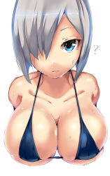 Rule 34 | 10s, 1girl, ?, absurdres, armadillo-tokage, bad id, bad pixiv id, bikini, blue bikini, blue eyes, breasts, cleavage, collarbone, commentary request, hair over one eye, hamakaze (kancolle), highres, kantai collection, large breasts, looking at viewer, short hair, silver hair, simple background, skindentation, solo, swimsuit, upper body, wet, white background