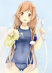 Rule 34 | 1girl, bath, bathing, bathroom, blue one-piece swimsuit, blush, braid, breasts, cloud hair ornament, covered navel, gluteal fold, gradient hair, highres, indoors, kantai collection, koru pera, light brown hair, lips, long hair, looking at viewer, medium breasts, minegumo (kancolle), multicolored hair, old school swimsuit, one-piece swimsuit, open mouth, red eyes, school swimsuit, shower (place), smile, soap, soap bubbles, solo, sponge bath, swimsuit, twin braids, wet