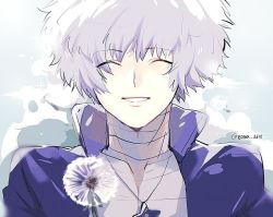 Rule 34 | 1boy, bowl cut, cloud, cloudy sky, collared jacket, dandelion, closed eyes, eyes visible through hair, flower, jacket, jewelry, kageyama ranmaru, kimi ga shine, md5 mismatch, necklace, open mouth, resolution mismatch, short hair, shuriken, signature, sky, smile, solo, source larger, teeth, toma 3638, weapon, white hair