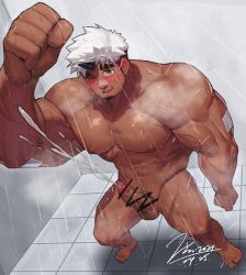 Rule 34 | 1boy, abs, akiha gongen (housamo), bandaid, bandaid on face, bandaid on nose, bara, blush, completely nude, cum, dark-skinned male, dark skin, ejaculation, erection, face, facial hair, facial scar, foreshortening, foreskin, full body, goatee, holding, horns, jin (sirius-j), large pectorals, male focus, multicolored hair, muscular, muscular male, navel, nipples, nude, one eye closed, pectorals, penis, projectile cum, scar, scar across eye, scar on cheek, scar on face, scribble, short hair, shower (place), showering, sideburns, single horn, solo, stomach, thick eyebrows, thighs, tokyo houkago summoners, two-tone hair, white hair