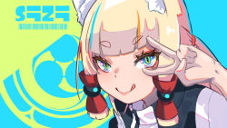 Rule 34 | 1girl, :q, animal ear fluff, animal ears, black jacket, blue background, blue eyes, closed mouth, commentary request, fox ears, green background, hand up, highres, jacket, kuro kosyou, looking at viewer, mitsudomoe (shape), original, short eyebrows, smile, solo, thick eyebrows, tomoe (symbol), tongue, tongue out, two-tone background, upper body, v over eye