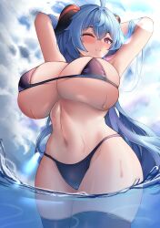 Rule 34 | 1girl, absurdres, ahoge, armpits, arms behind head, arms up, bikini, black bikini, blue hair, blush, breasts, closed mouth, cloud, cloudy sky, commentary, cowboy shot, crossed bangs, day, ganyu (genshin impact), genshin impact, goat horns, groin, hair between eyes, highres, horns, huge breasts, lens flare, long hair, looking at viewer, mua (mua pb), navel, ocean, one eye closed, outdoors, partially underwater shot, purple eyes, raised eyebrows, sky, smile, solo, string bikini, swimsuit, thick thighs, thighhighs, thighs, underboob, very long hair, wading, water, wet, wide hips