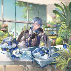 Rule 34 | 1boy, ;), armor, black gloves, blue eyes, blue flower, blue hair, blue rose, coat, commentary request, flower, genshin impact, gloves, hands up, highres, indoors, kamisato ayato, looking at viewer, male focus, mole, mole under mouth, official art, one eye closed, plant, potted plant, rose, second-party source, short hair, shoulder armor, smile, upper body, white coat, white flower, white rose