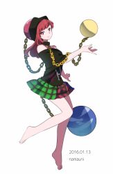 Rule 34 | 1girl, artist name, barefoot, black shirt, chain, closed mouth, dated, earth (ornament), full body, hecatia lapislazuli, highres, legs, light smile, looking at viewer, medium hair, moon (ornament), multicolored clothes, multicolored skirt, namauni, off-shoulder shirt, off shoulder, one-hour drawing challenge, red eyes, red hair, shirt, short sleeves, simple background, skirt, solo, toes, touhou, white background
