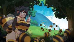 Rule 34 | 1girl, absurdres, bee, bee costume, black hair, blue eyes, blue sky, blurry, blurry foreground, borrowed character, bug, cloud, covered erect nipples, deus vulv, fur trim, grass, hand up, highres, hill, insect, long sleeves, looking at viewer, lucia (scott malin), open mouth, original, outdoors, sky, smile, thighhighs, tree, v, wide shot