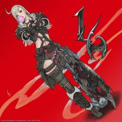 Rule 34 | 1girl, ahoge, armor, axe, blonde hair, boots, blowing bubbles, chewing gum, copyright notice, final fantasy, final fantasy xiv, fingerless gloves, full body, gloves, green eyes, highres, hyur, long hair, midriff, navel, official art, planted, planted axe, shoulder armor, solo, standing, stomach, thigh strap, warrior (final fantasy), warrior of light (ff14), weapon