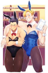 Rule 34 | 2boys, animal ears, ao isami, arm around shoulder, artist request, black hair, black leotard, blonde hair, bulge, couple, covering chest, covering privates, crossdressing, detached collar, facial hair, fake animal ears, grin, highres, legs together, leotard, lewis smith, male focus, male playboy bunny, medium sideburns, multiple boys, pantyhose, pectoral cleavage, pectoral squeeze, pectorals, rabbit ears, rabbit tail, sideburns stubble, skin tight, smile, strapless, strapless leotard, stubble, tail, thick eyebrows, thick thighs, thighs, toned, toned male, wrist cuffs, yaoi, yuuki bakuhatsu bang bravern