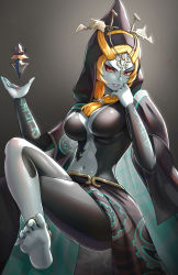 Rule 34 | 1girl, barefoot, breasts, gonzarez, grey background, grin, hands up, highres, invisible chair, large breasts, crossed legs, looking at viewer, midna, midna (true), navel, nintendo, red eyes, sarong, sitting, smile, solo, stomach, the legend of zelda, the legend of zelda: twilight princess, thighs, v-shaped eyebrows