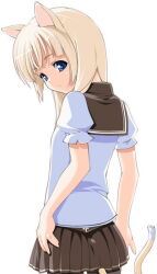 Rule 34 | 1girl, animal ears, blonde hair, blue eyes, cat ears, cat tail, child, from behind, long hair, looking at viewer, ooji, school uniform, simple background, tail, white background