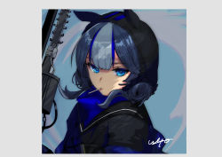 Rule 34 | 1girl, animal ears, animal hood, arknights, black jacket, blue eyes, blue hair, blue shirt, closed mouth, fake animal ears, glaucus (arknights), grey hair, highres, hood, hood up, hooded jacket, jacket, long hair, looking at viewer, mouth hold, multicolored hair, shirt, signature, solo, streaked hair, upper body, uzura (bonnet225)