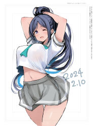 Rule 34 | 1girl, birthday, blue hair, breasts, commentary, dated, gengoroh, high ponytail, highres, large breasts, long hair, looking at viewer, love live!, love live! sunshine!!, matsuura kanan, midriff, navel, one eye closed, purple eyes, school uniform, sidelocks, solo, upper body, uranohoshi school uniform