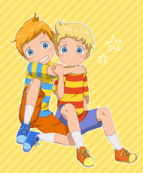Rule 34 | 2boys, blonde hair, blouse, blue eyes, brothers, claus (mother 3), hug, lucas (mother 3), male focus, mother (game), mother 3, multiple boys, nintendo, orange hair, shirt, siblings, sitting, smile, striped clothes, striped shirt, yellow background
