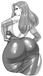 Rule 34 | 1girl, absurdres, ass, ass focus, backless dress, backless outfit, bare shoulders, blush, breasts, dress, earrings, elbow gloves, eyeshadow, gloves, greyscale, highres, huge ass, jessica rabbit, jewelry, large breasts, lipstick, long hair, looking at viewer, makeup, monochrome, shiny clothes, skin tight, solo, strapless, synecdoche, thick thighs, thighs, who framed roger rabbit