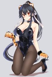Rule 34 | 1girl, black pantyhose, grey background, hair between eyes, ichinomiya (blantte), kantai collection, kittysuit, long hair, nontraditional playboy bunny, pantyhose, simple background, solo, tagme, very long hair, yahagi (kancolle)