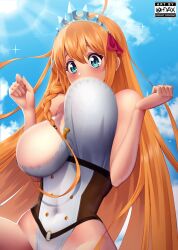 Rule 34 | 1girl, artist logo, artist name, bare shoulders, blue eyes, bouncing breasts, braid, breasts, cloud, covered navel, female focus, highres, huge breasts, long hair, looking at viewer, motion blur, motion lines, o-ring, ohdax, orange hair, outdoors, pecorine (princess connect!), pelvic curtain, princess connect!, single braid, sky, sleeveless, solo, strapless, sunlight, tiara, upper body, very long hair