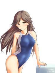 Rule 34 | 1girl, absurdres, arashio (kancolle), arm behind back, arm support, bad id, bad pixiv id, blue one-piece swimsuit, blush, breasts, brown hair, collarbone, competition swimsuit, covered navel, cowboy shot, dangan kurabu, dated, hair ornament, highleg, highleg swimsuit, highres, kantai collection, long hair, looking at viewer, medium breasts, one-piece swimsuit, simple background, solo, swimsuit, twitter username, white background, white one-piece swimsuit, yellow eyes