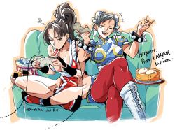 Rule 34 | 2021, 2girls, artist name, black hair, boots, breasts, brown hair, capcom, chinese clothes, chun-li, cleavage, closed eyes, controller, couch, cross-laced footwear, crossed legs, crossover, dated, double bun, english text, female focus, food, game controller, hair bun, japanese clothes, koda1ra, lace-up boots, large breasts, multiple girls, ninja, pantyhose, ponytail, retro artstyle, shiranui mai, sitting, snk, street fighter, the king of fighters, twitter username, white footwear