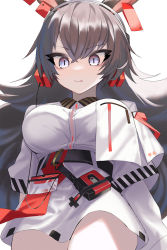 Rule 34 | 1girl, animal ears, april (arknights), arknights, arms at sides, asymmetrical sleeves, belt, black hair, blue eyes, breasts, breasts apart, brown hair, collared dress, cowboy shot, crossed bangs, dress, eigo ichii, from below, hair between eyes, headphones, highres, implied extra ears, infection monitor (arknights), large breasts, long hair, long sleeves, looking down, rabbit ears, rabbit girl, short dress, slit pupils, smile, solo, striped, taut clothes, taut dress, thick eyelashes, thighs, tongue, tongue out, tsurime, underbust, uneven sleeves, very long hair, walkman, white background, white dress, wide sleeves