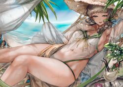 1girl absurdres armpits beach bikini bikini_under_clothes blue_sky braid breasts cleavage cloud cocktail_glass covered_navel cup drinking_glass drinking_straw flower green_bikini green_eyes green_ribbon grey_hair hair_ribbon half-closed_eyes hammock hat highres hinamizawa_kurumi horizon leotard light_rays lying mole mole_under_mouth navel ocean on_back palm_leaf palm_tree pink_flower ribbon seductive_smile see-through see-through_leotard see-through_shirt shirt side_braid side_ponytail sideboob sky smile soleil_(soleilmtfbwy03) straw_hat sweat swept_bangs swimsuit table thick_eyelashes thighs toned tree wet wet_clothes wooden_table