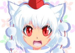 Rule 34 | 1girl, :d, animal ears, fangs, happy, hat, headwear request, inubashiri momiji, looking at viewer, nac0n, open mouth, pom pom (clothes), portrait, red eyes, red hat, simple background, smile, solo, tokin hat, touhou, white hair, wolf ears