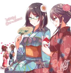 Rule 34 | 2018, 4girls, :d, ahoge, alternate costume, bad id, bad pixiv id, black hair, blue eyes, blue kimono, breasts, brown hair, closed eyes, commentary request, dated, flower, food, geta, glasses, green-framed eyewear, hair flower, hair ornament, hairclip, hand fan, haruna (kancolle), heart, hiei (kancolle), holding, holding fan, holding food, japanese clothes, kantai collection, kimono, kirishima (kancolle), kongou (kancolle), large breasts, looking at another, multiple girls, open mouth, red eyes, red kimono, sakura romu, shaved ice, short hair, simple background, smile, spiked hair, twitter username, white background, yukata, yuri