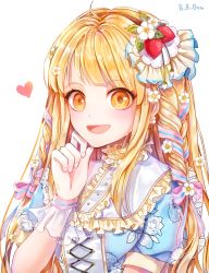 Rule 34 | 1girl, :d, ahoge, alternate hairstyle, artist name, bad id, bad pixiv id, bang dream!, blonde hair, braid, center frills, clenched hand, cross-laced clothes, earrings, ferrel (rocher 71), floral print, flower, flower earrings, food, food-themed hair ornament, frilled shirt collar, frills, fruit, hair flower, hair ornament, hair ribbon, hairband, hand on own chin, heart, highres, jewelry, long hair, looking at viewer, open mouth, pink ribbon, ribbon, short sleeves, side braid, side braids, smile, solo, strawberry, strawberry hair ornament, striped ribbon, tsurumaki kokoro, twin braids, upper body, white flower, wrist cuffs, yellow eyes