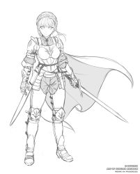 Rule 34 | 1girl, armor, artist name, boobplate, braid, breastplate, cape, commentary, couter, fire emblem, fire emblem: three houses, full body, gauntlets, gofelem, greyscale, hair bun, half updo, high heels, highres, holding, holding sword, holding weapon, leg armor, looking at viewer, marianne von edmund, monochrome, nintendo, plate armor, sheath, shoulder armor, simple background, single hair bun, sketch, solo, standing, sword, twitter username, unfinished, watermark, weapon, white background