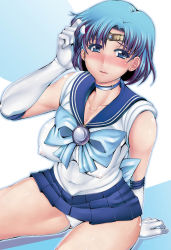 Rule 34 | 1990s (style), 1girl, bishoujo senshi sailor moon, blue eyes, blue hair, blue sailor collar, blue skirt, blush, bow, breasts, choker, circlet, elbow gloves, covered erect nipples, gloves, highres, huge breasts, large breasts, matching hair/eyes, mizuno ami, nipples, panties, pantyshot, red-rum, sailor collar, sailor mercury, sailor senshi, short hair, sitting, skirt, smile, solo, underwear, upskirt, white gloves