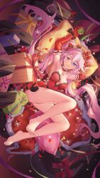Rule 34 | 1girl, bare legs, bare shoulders, barefoot, bow, breasts, choker, christmas ornaments, christmas present, cleavage, crown, dorsiflexion, feet, full body, gift, gloves, hair bow, heterochromia, holding, iron saga, legs, long hair, lying, medium breasts, mini crown, official art, pillow, pink hair, purple eyes, slokai (iron saga), solo, third-party source, toes, tongue, tongue out, twintails