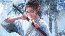 Rule 34 | 1girl, blurry, blurry background, closed eyes, closed mouth, dated, frozen, highres, holding, holding sheath, holding sword, holding weapon, japanese clothes, katana, kimono, mole, mole under eye, original, outdoors, ponytail, realistic, red lips, sheath, signature, snowing, solo, sword, unsheathing, weapon, white kimono, wide sleeves, winter, xi chen chen