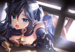Rule 34 | 1girl, ass, black gloves, black hair, blue leotard, blush, breast rest, breasts, capelet, choker, cleavage, coin, detached sleeves, fur collar, furrowed brow, genshin impact, gloves, gold coin, green eyes, hair ornament, highres, leotard, long hair, looking at viewer, lying, mona (genshin impact), mora (genshin impact), neit ni sei, on stomach, open mouth, outstretched hand, pantyhose, small breasts, solo, star (symbol), star choker, star hair ornament, stuck, sweatdrop, tears, twintails