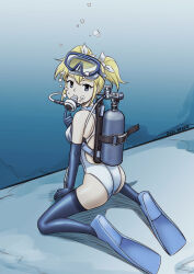 Rule 34 | 1girl, absurdres, air bubble, arm support, back cutout, blonde hair, blue eyes, blue gloves, blue thighhighs, breasts, bubble, clothing cutout, dated, diving mask, diving regulator, elbow gloves, flippers, full body, gloves, goggles, goggles on head, hair ribbon, highres, looking to the side, medium breasts, one-piece swimsuit, original, pool, ribbon, saver (artbysaver), scuba tank, short twintails, signature, sitting, solo, swimsuit, thighhighs, twintails, underwater, wariza, white one-piece swimsuit, white ribbon