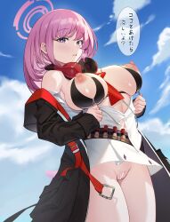 Rule 34 | 1girl, bandolier, bar censor, bare shoulders, between breasts, bikini, black bikini, black jacket, blue archive, blush, breasts, censored, cleft of venus, cloud, cloudy sky, eimi (blue archive), from below, halo, headphones, headphones around neck, highres, jacket, jacket partially removed, large breasts, long hair, long sleeves, looking at viewer, matobe ono, multicolored clothes, multicolored jacket, navel, necktie, necktie between breasts, nipples, no panties, open clothes, open shirt, pink eyes, pink hair, pink halo, pussy, raised eyebrows, red jacket, red necktie, shirt partially removed, skirt, sky, sleeves past wrists, smile, solo, speech bubble, standing, swept bangs, swimsuit, thighs, two-tone jacket, unzipping, white skirt, white sky, zipper, zipper bikini