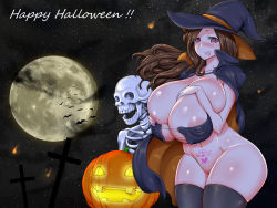 Rule 34 | 1girl, ahegao8, areola slip, bare shoulders, bottomless, breasts, cleavage, collarbone, halloween, hat, highres, hip focus, huge breasts, legs, long hair, no panties, pubic tattoo, pumpkin, shiny skin, skeleton, smile, solo focus, tattoo, tongue, tongue out, wide hips, witch hat