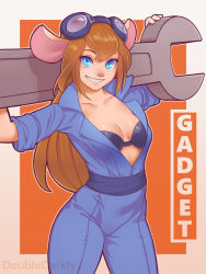 Rule 34 | 1girl, animal ears, blonde hair, blue eyes, bra, breasts, character name, chip &#039;n dale rescue rangers, cleavage, doubledarkly, furry, furry female, gadget hackwrench, goggles, goggles on head, jumpsuit, long hair, mouse ears, mouse girl, sleeves rolled up, solo, underwear, wrench