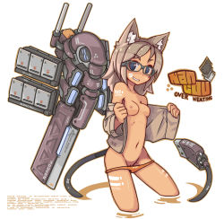 Rule 34 | 1girl, animal ears, armored core: for answer, blue eyes, breasts, brown hair, cable, cable tail, cat ears, glasses, grin, mechanical tail, nancou (nankou), nipples, original, panties, panty pull, pussy, revision, small breasts, smile, solo, tail, underwear, usb