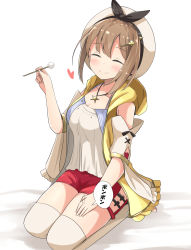 Rule 34 | aikawa ryou, atelier (series), atelier ryza, atelier ryza 1, beret, blush, brown hair, closed eyes, collarbone, commentary request, hair between eyes, hair ornament, hairclip, hat, heart, highres, holding, jewelry, lap pillow invitation, looking at viewer, mimikaki, necklace, red shorts, reisalin stout, seiza, shirt, short hair, short shorts, shorts, sidelocks, simple background, sitting, smile, star (symbol), star necklace, thighhighs, white background, yellow shirt