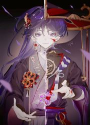 Rule 34 | 1boy, armor, blood, blood on face, blurry, depth of field, earrings, eyeliner, falling petals, genshin impact, hair ornament, hakama, haori himo, hat, highres, japanese armor, japanese clothes, jewelry, jingasa, kote, kurokote, long hair, long sleeves, looking at viewer, makeup, male focus, outstretched hand, pale skin, petals, purple eyes, purple hair, scaramouche (genshin impact), short hair, smile, solo, tsurime, xiannu168