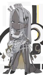 Rule 34 | 1girl, aria (nikke), belt pouch, black footwear, breasts, chibi, choker, cleavage, colored skin, dress, eyes visible through hair, forehead, frilled dress, frills, goddess of victory: nikke, grey eyes, grey hair, grey skin, grey skirt, hair behind ear, hair ornament, hair over one eye, high-low skirt, highres, id6dlzlfbt69973, jewelry, large breasts, long hair, looking at viewer, pouch, ring, skirt, solo, spread fingers, white choker, white dress, white skirt